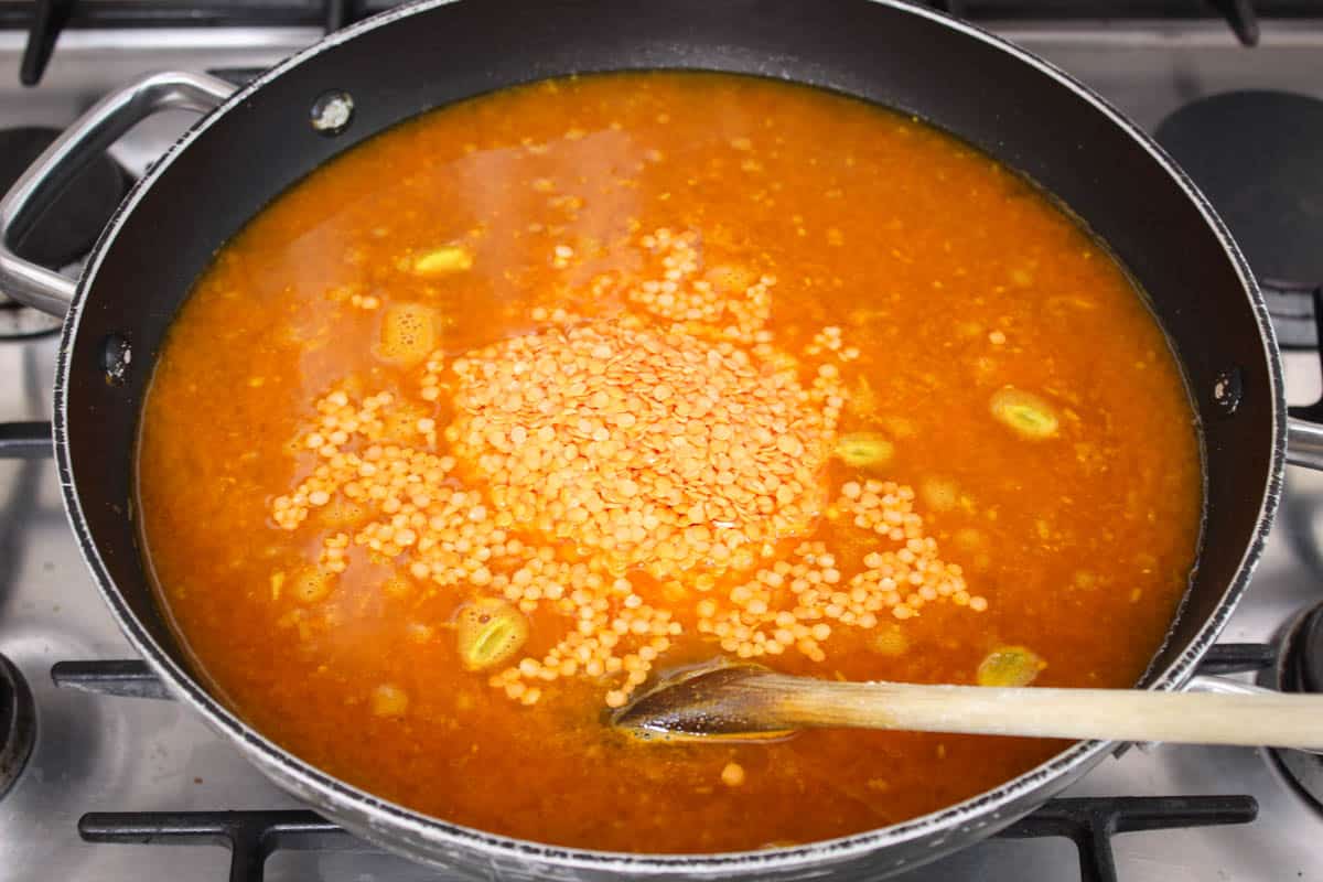Recipe Process Shot – Adding Red Lentils and Water