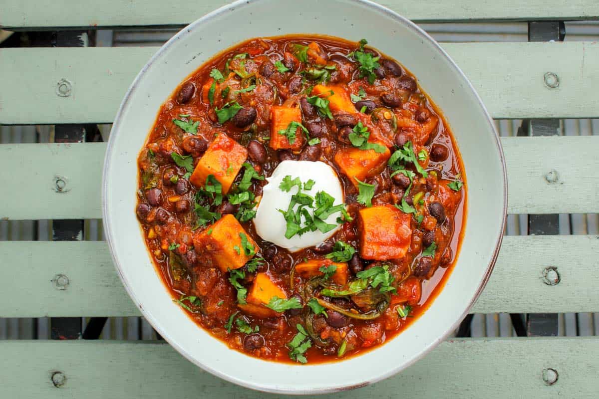 One-Pot Vegan Chili with Sweet Potato and Black Beans in Bowl