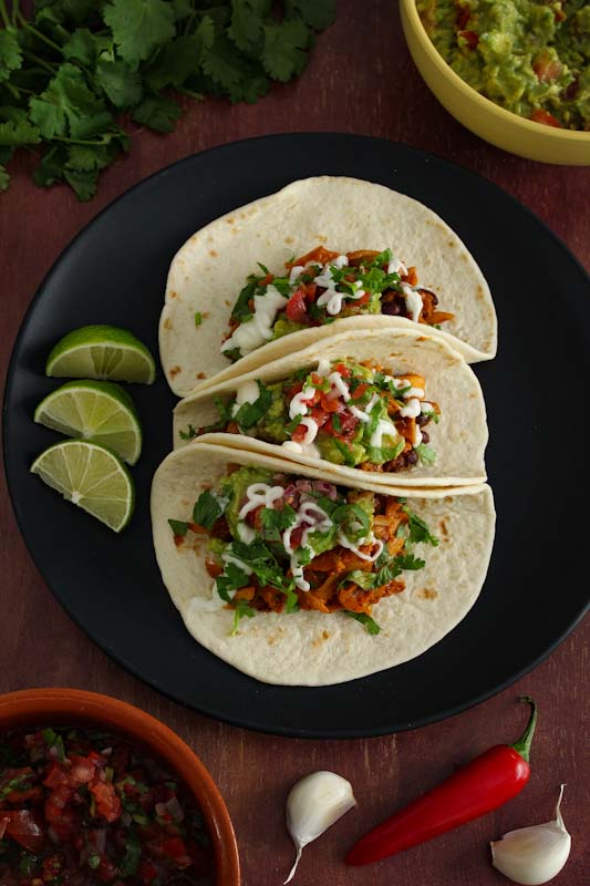 Vegan Jackfruit Tacos with Pico de Gallo, Guacamole, Cilantro