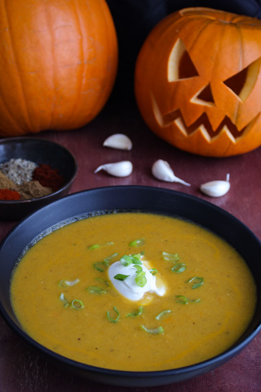 Halloween Pumpkin Soup with Creme Fraiche and Spring Onions