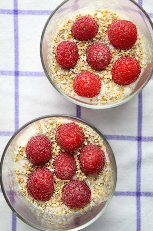 Dairy-Free Dessert with Oatmeal and Raspberries Overhead