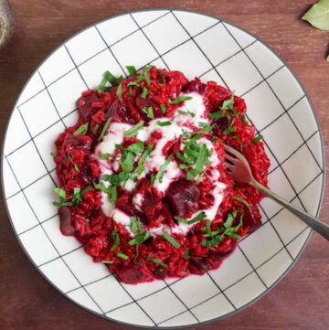 Beetroot Risotto in Bowl with Fork
