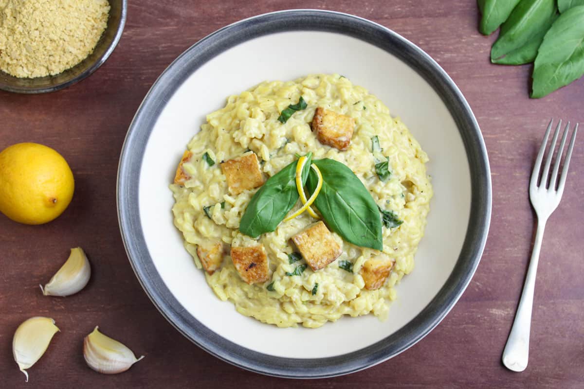 Creamy Vegan Risotto in Bowl with Basil