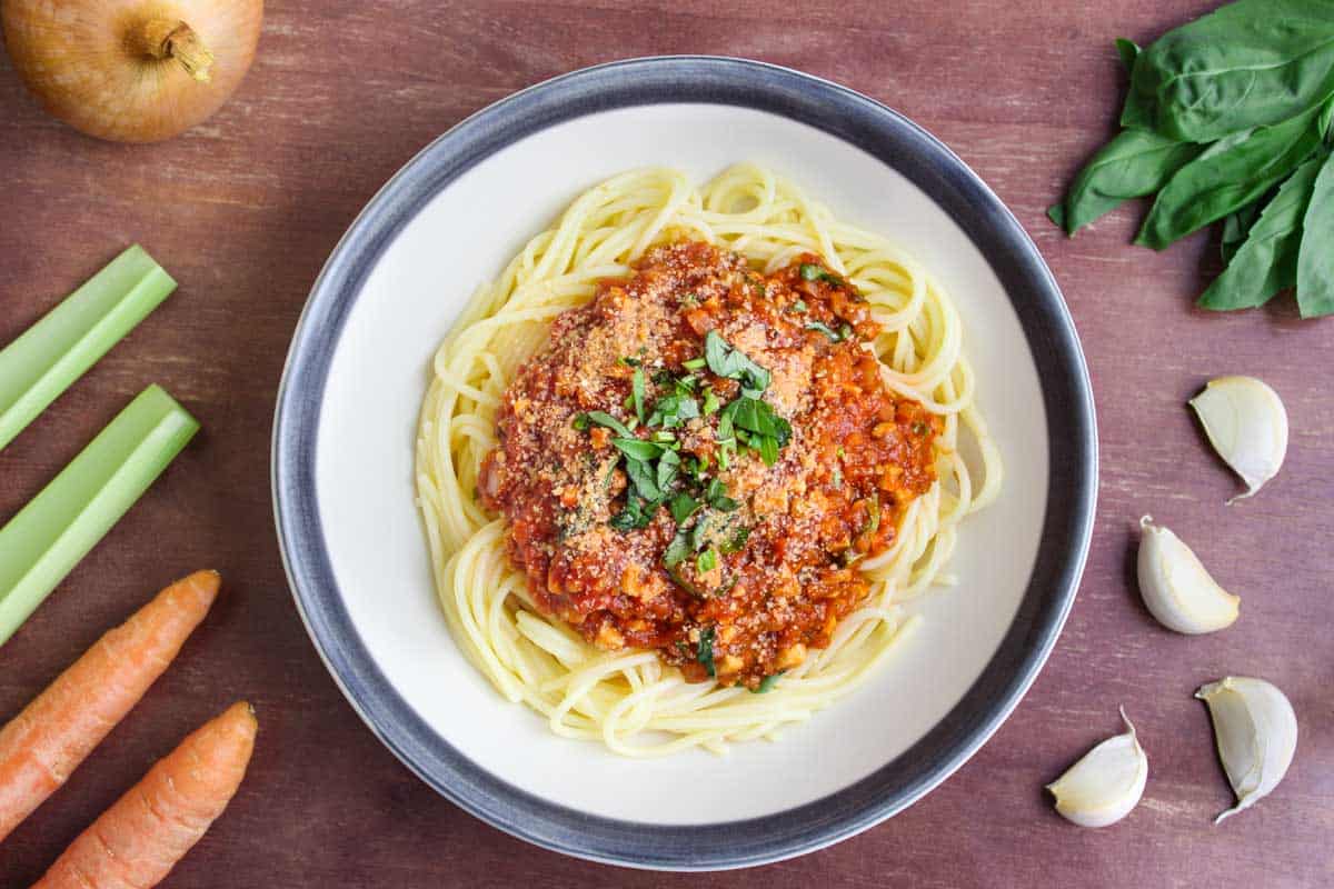 Vegan Spaghetti Tempeh Bolognese Bowl Overhead