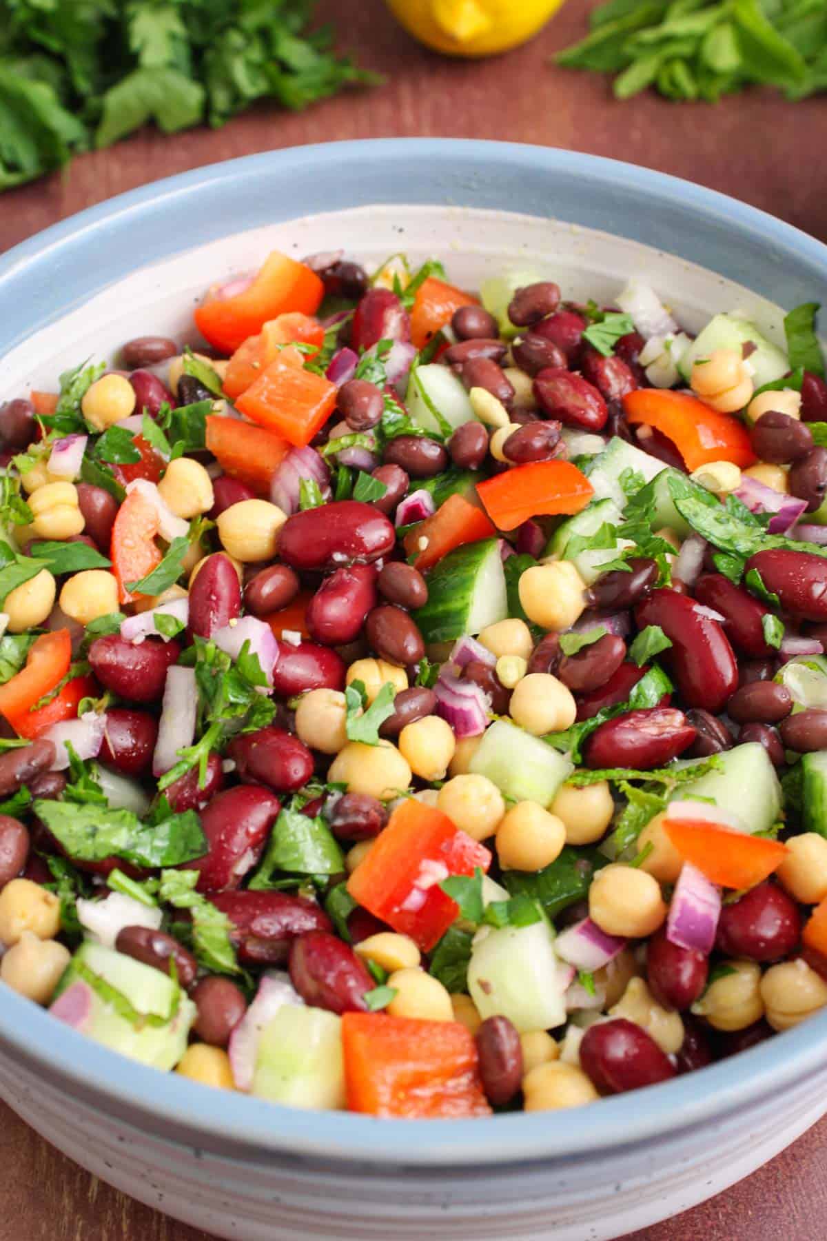 Vegan Three-Bean Salad with Lemon, Mint and Parsley - The Pesky Vegan