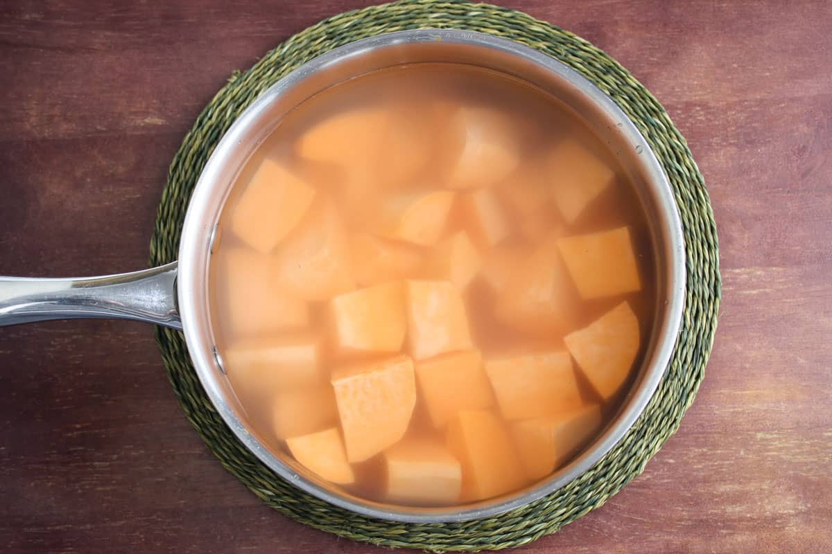 Sweet Potato Cubes Cooking in Water