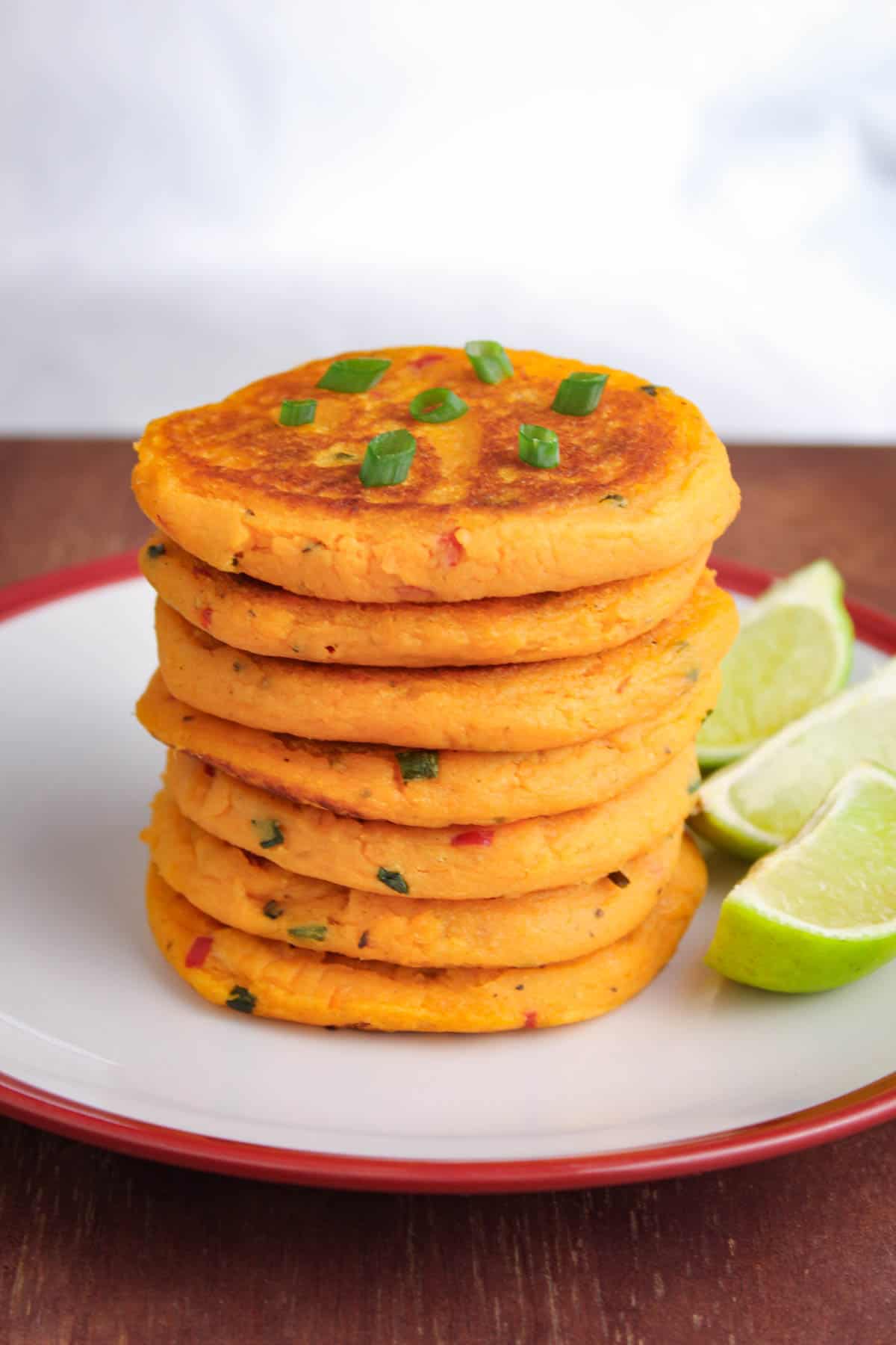 Vegan Sweet Potato Pancake Stack with Lime Wedges