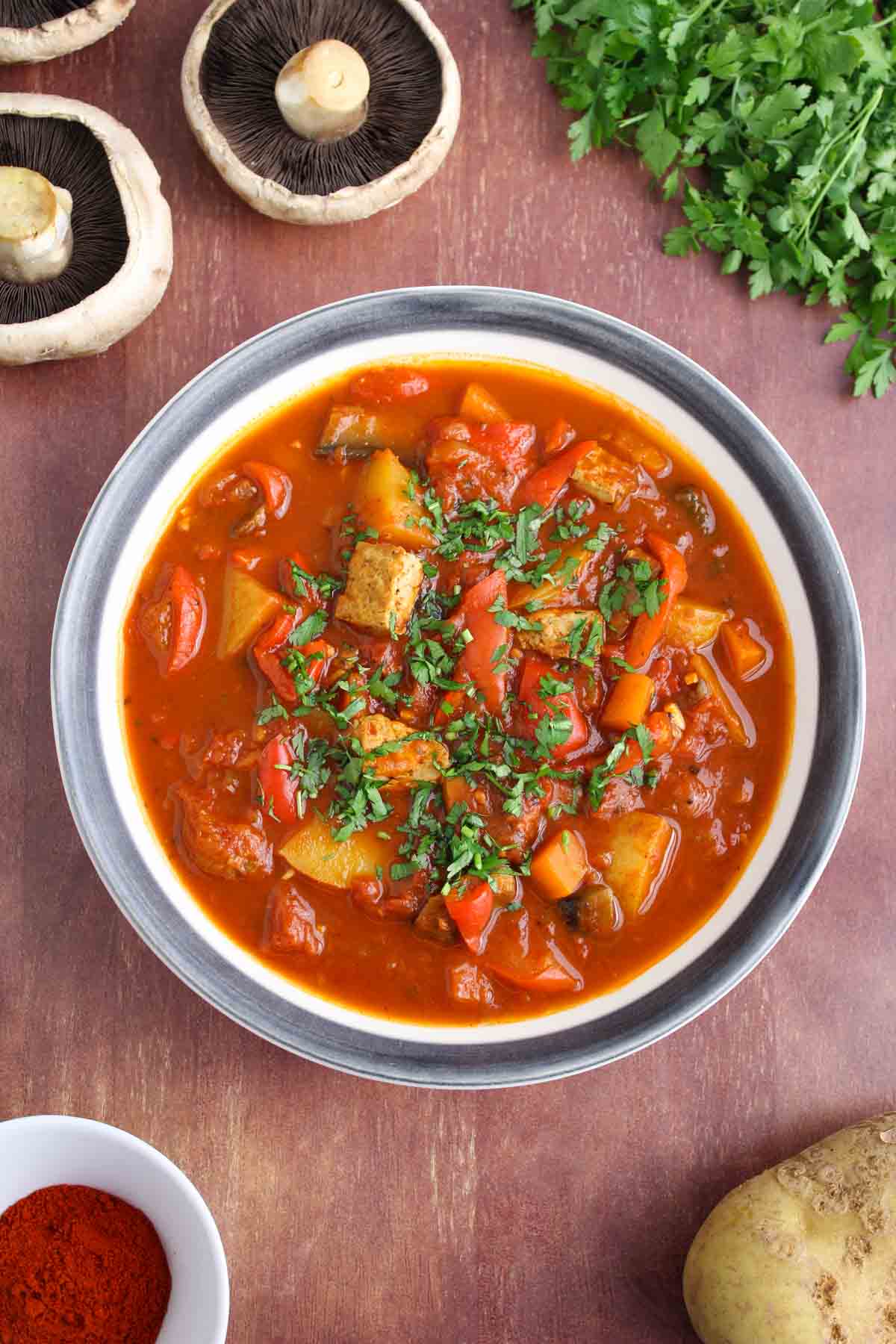 Healthy mushroom and tofu goulash in serving bowl.