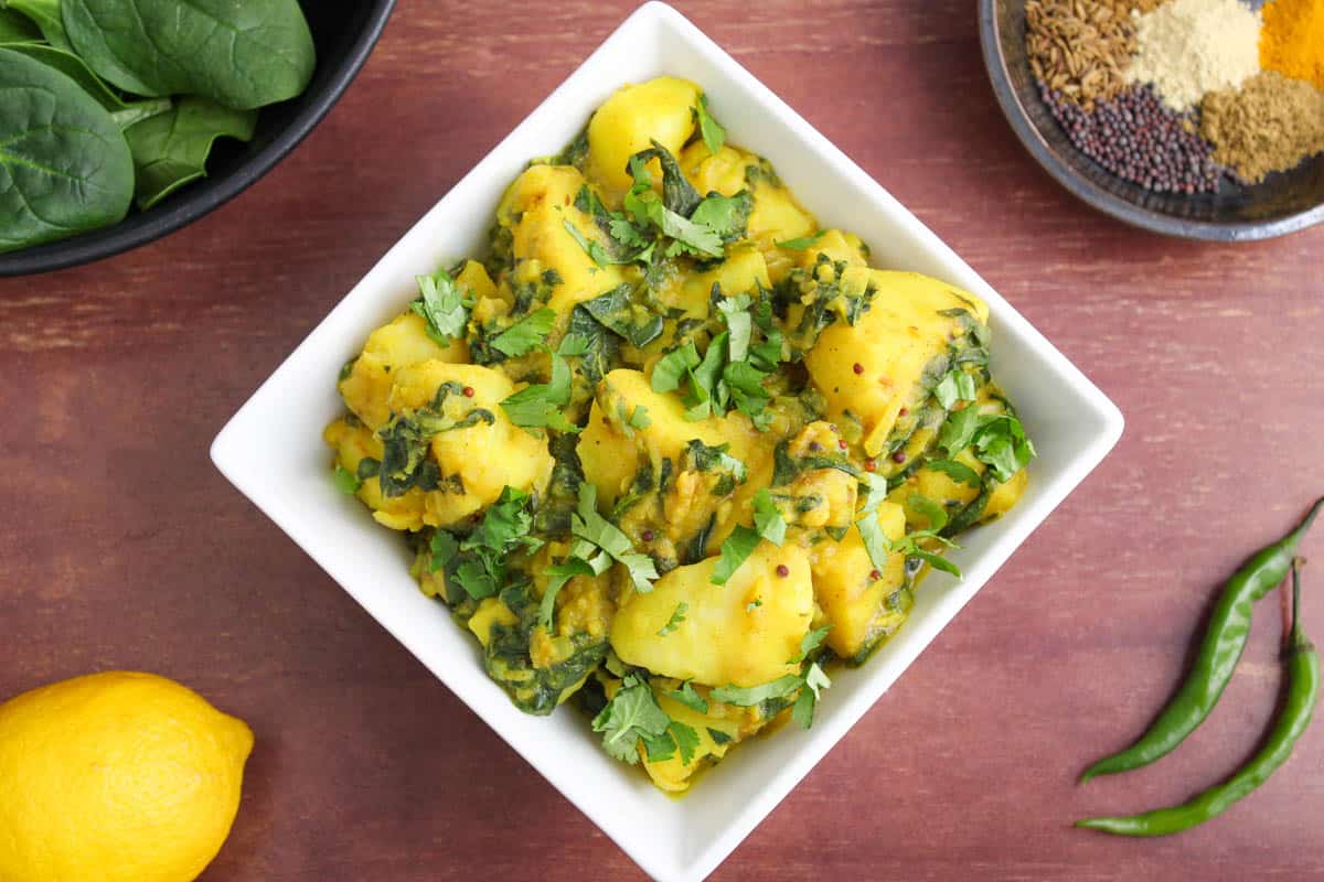 Aloo Palak Served in Bowl with Coriander