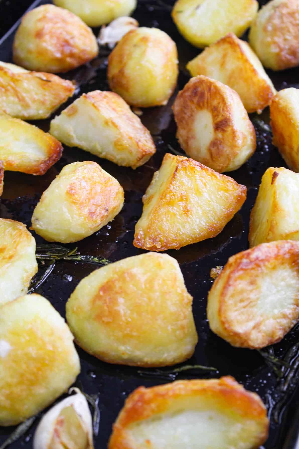 Crispy Vegan Roast Potatoes on Baking Sheet