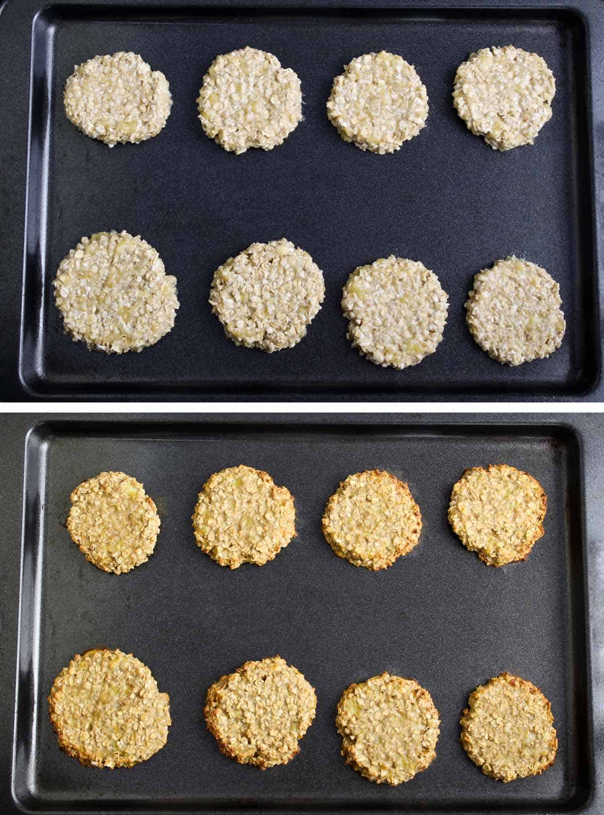Overhead Shot of Banana Oat Cookies Before and After Cooking