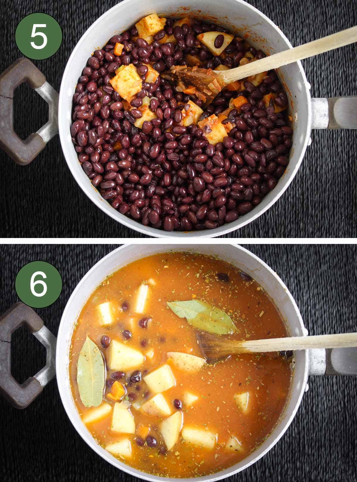 Recipe Process Steps 5 & 6 - Adding Black Beans and Vegan Broth