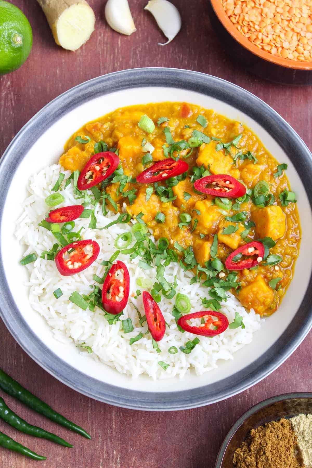 Sweet Potato Dal with Rice in Bowl