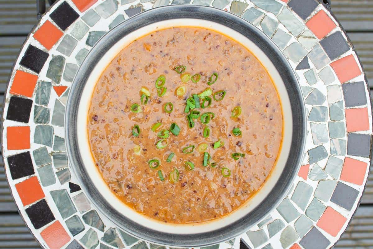 Vegan Black Bean Soup on Outdoor Table