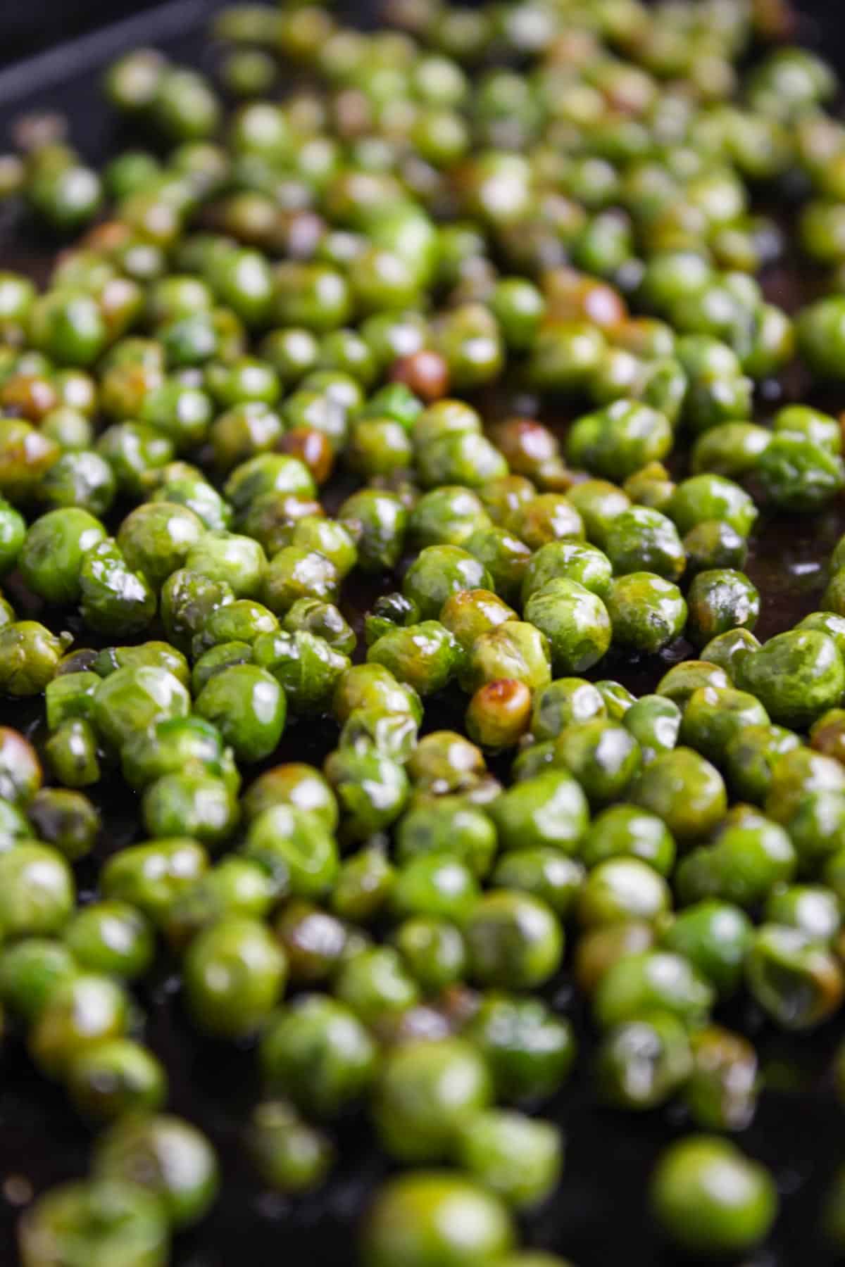 Roasted Green Peas on Baking Sheet Close-Up