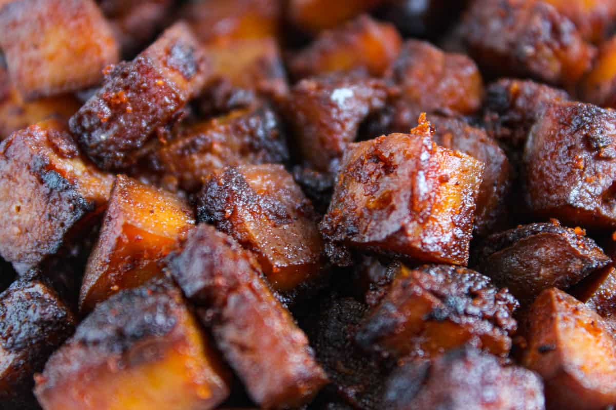 Baked tofu pancetta pieces close-up. 