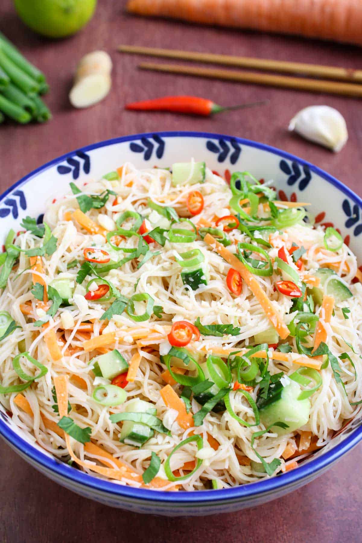 Vermicelli Rice Noodle Salad with Peanut Dressing in Bowl.