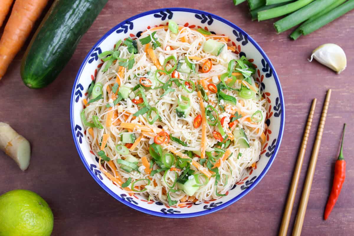 Vegan Rice Noodle Salad with Chopsticks