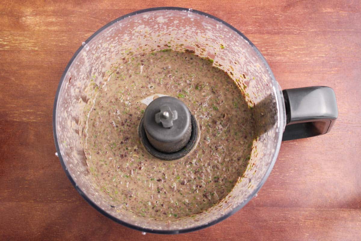 Recipe Process Shot – Black Bean Hummus in Food Processor After Blending