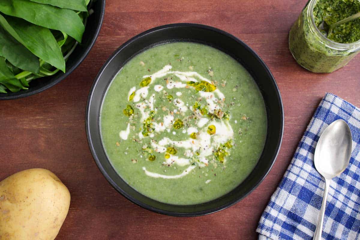 Dairy-Free Wild Garlic Soup in Bowl Overhead