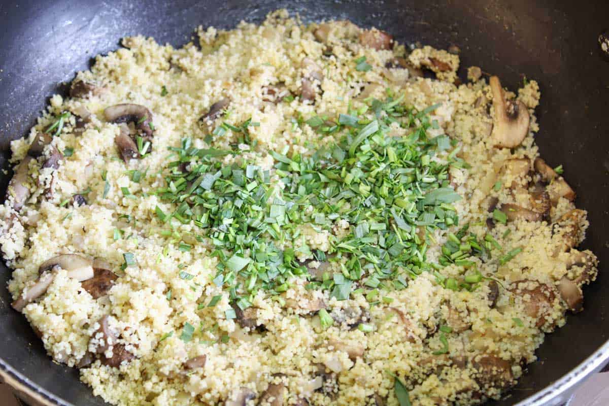 Recipe Process – Adding Tarragon to Steamed Mushroom Couscous