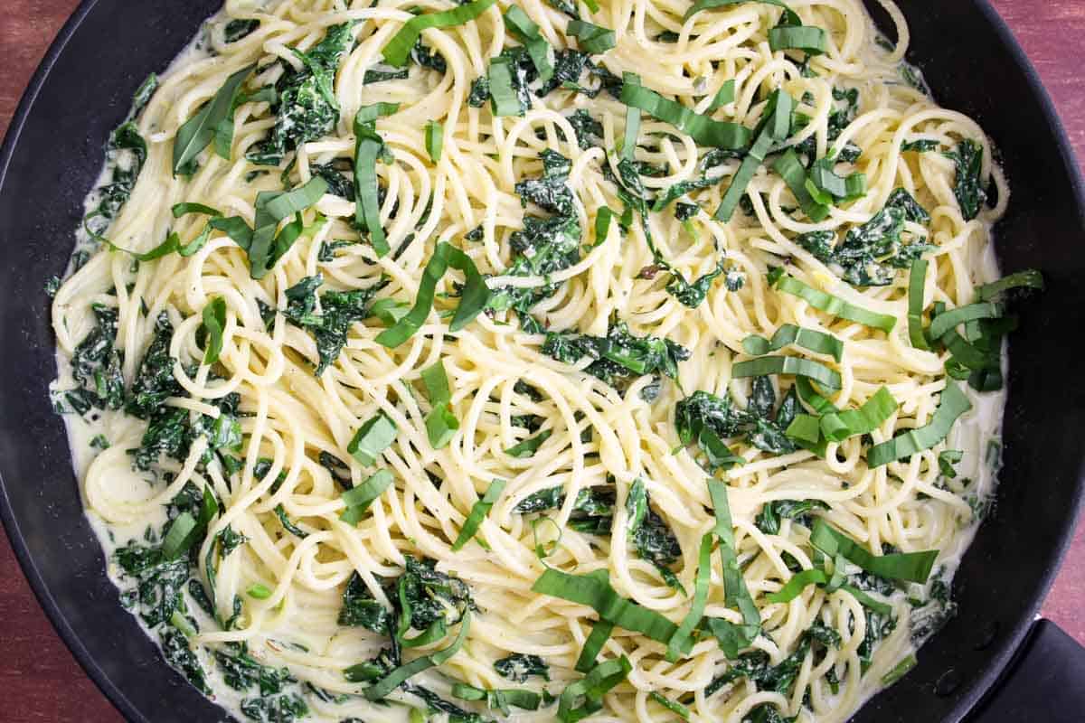 Vegan Wild Garlic Pasta in Pan Overhead