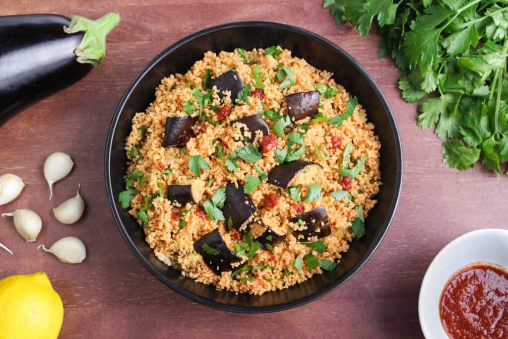 Harissa Couscous with Roasted Aubergine and Garlic The Pesky Vegan