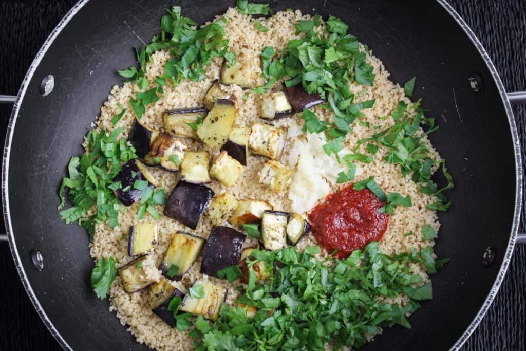 Harissa Couscous with Roasted Aubergine and Garlic The Pesky Vegan