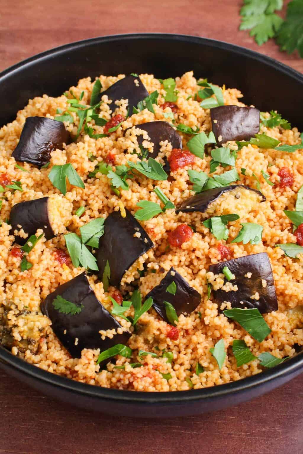 Harissa Couscous with Roasted Aubergine and Garlic The Pesky Vegan