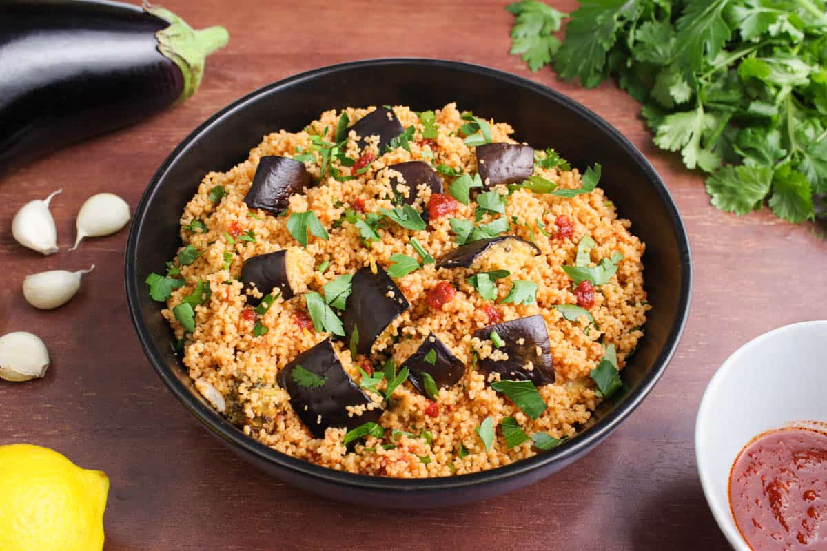 Harissa Couscous with Roasted Aubergine and Garlic - The Pesky Vegan