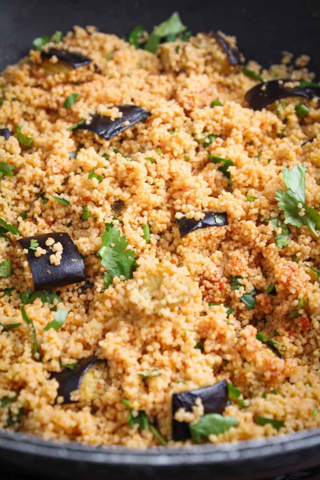Harissa Couscous with Roasted Aubergine and Garlic The Pesky Vegan