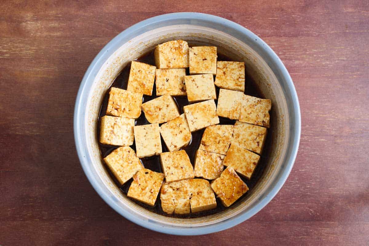 Recipe Process Shot – Adding Tofu Cubes to Marinade