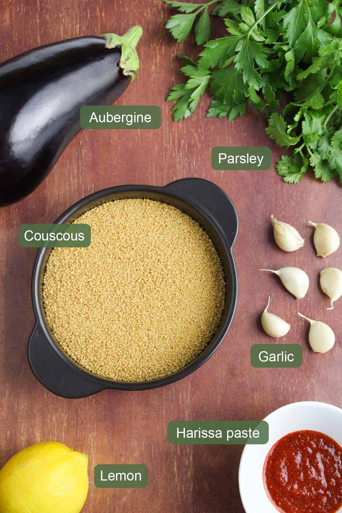 List of Ingredients to Make Harissa Aubergine Couscous