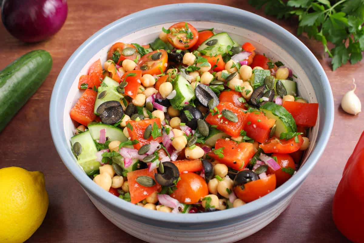 Vegan Garbanzo Bean Salad in Serving Bowl