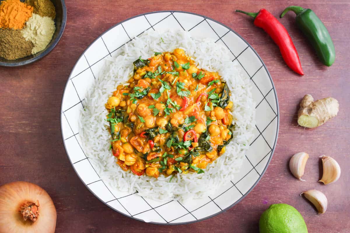 Delicious Chickpea and Lentil Curry in Bowl with Rice