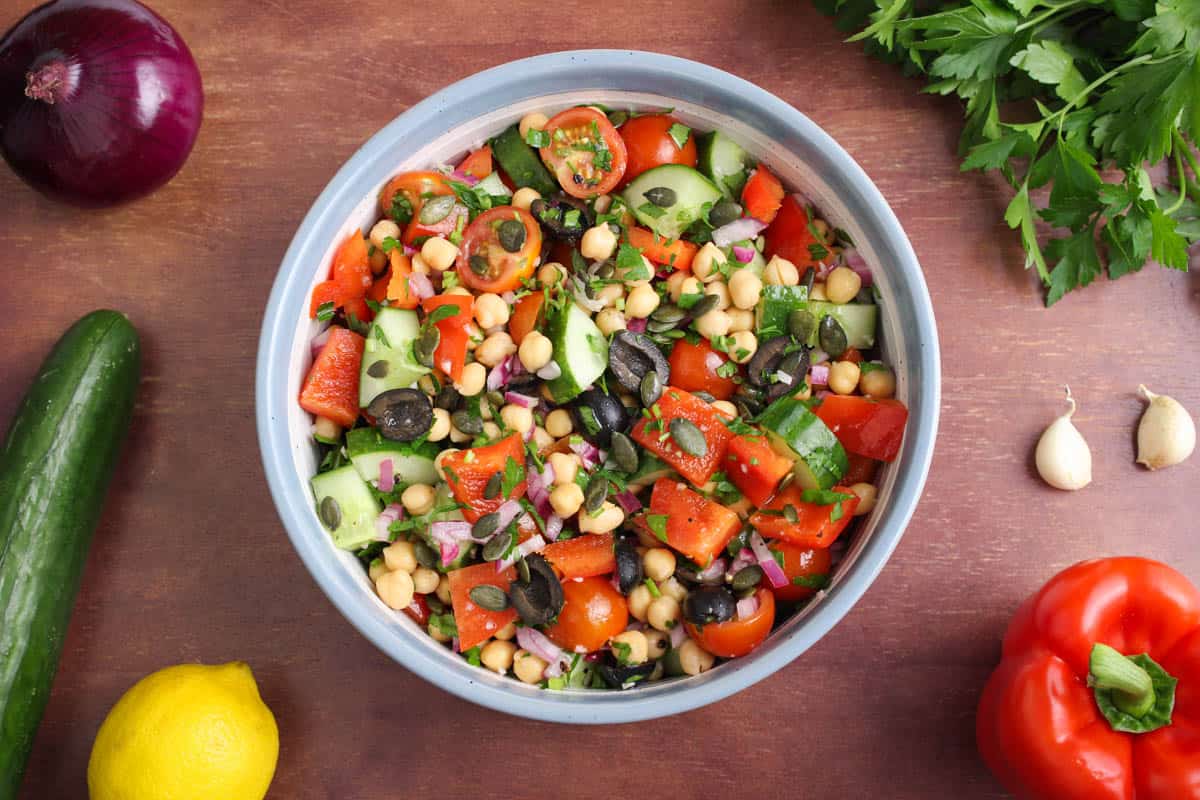 Easy Vegan Chickpea Salad in Bowl with Selected Ingredients