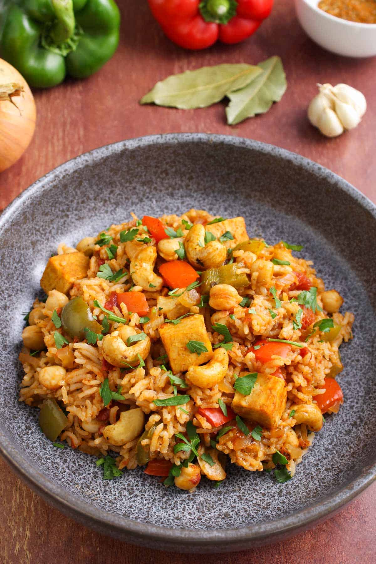 Meat-Free Jambalaya Rice Dish on Plate with Selected Ingredients