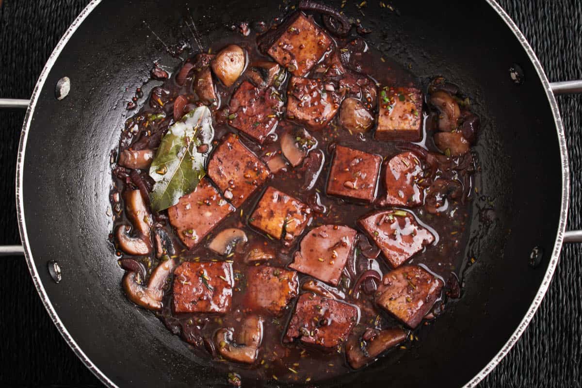 Recipe Process Shot – Braised Tofu Stew Cooking in Pan
