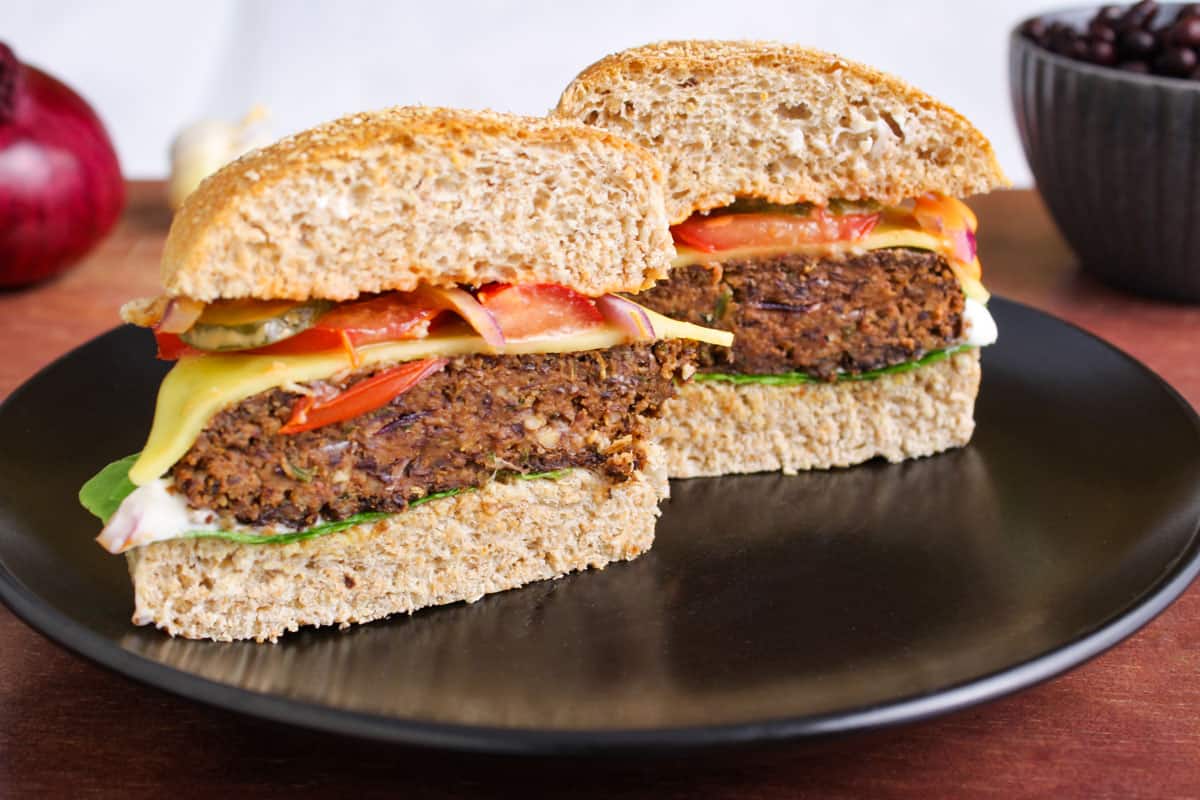Black Bean Oatmeal Burger Sliced in Half to Show Inside