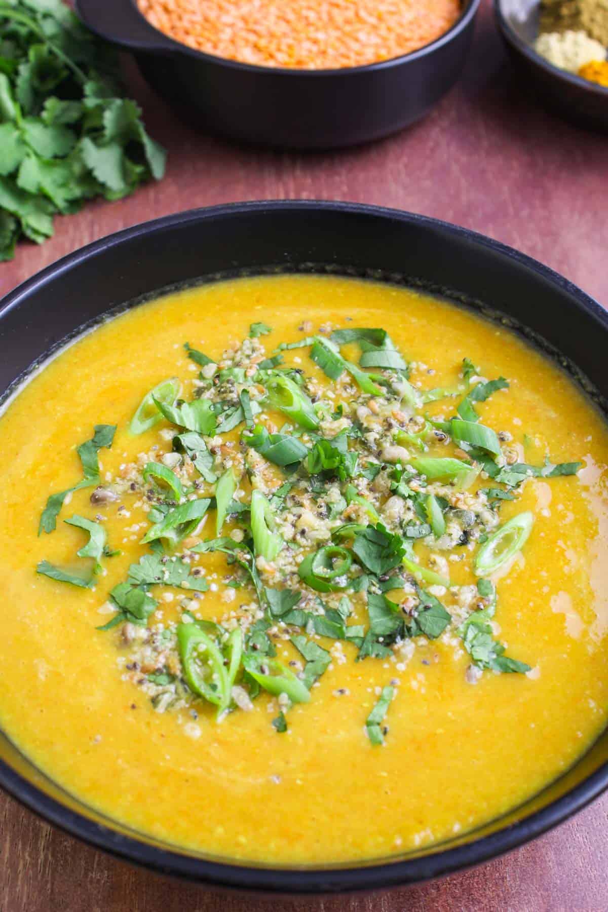 Spiced Carrot and Red Lentil Soup with Fresh Coriander