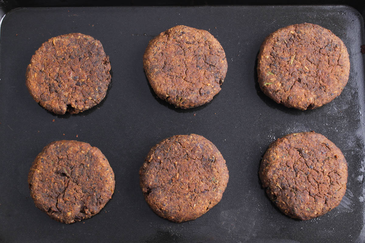 Recipe Process Shot – Baked Black Bean Burgers on Baking Sheet