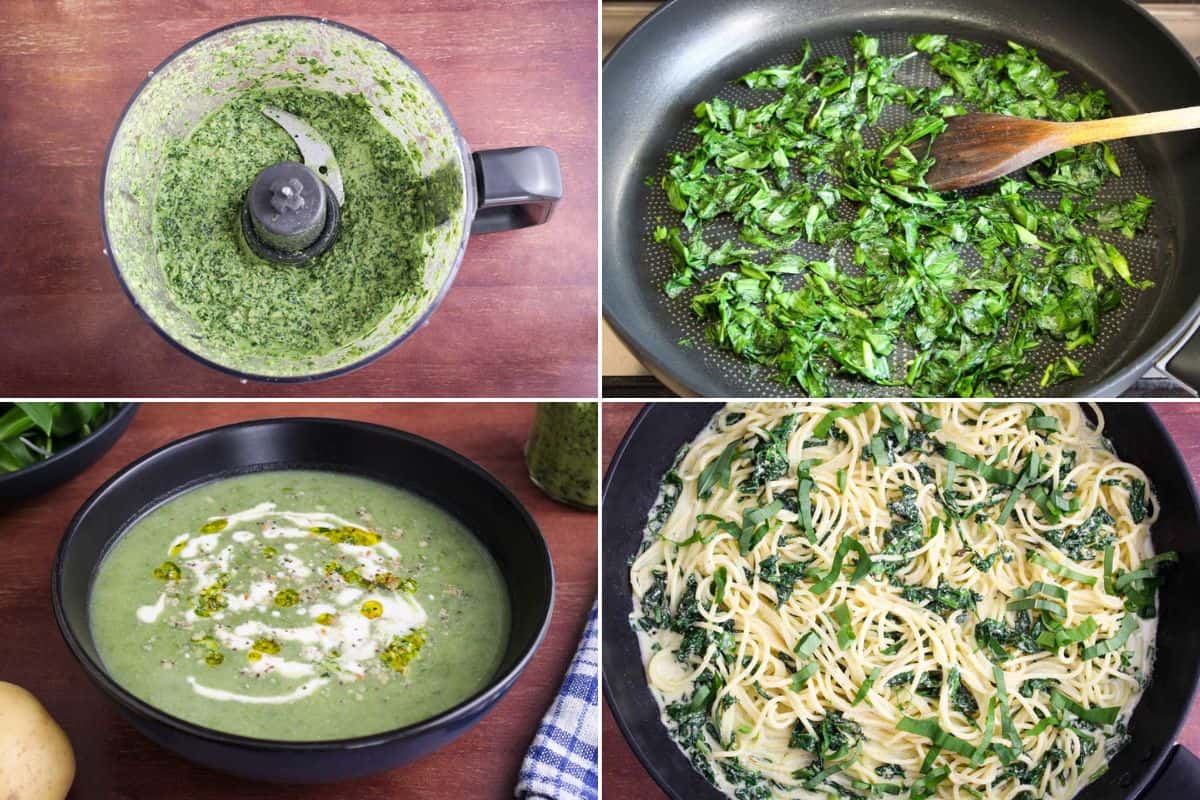 Collage of recipes made using foraged wild garlic