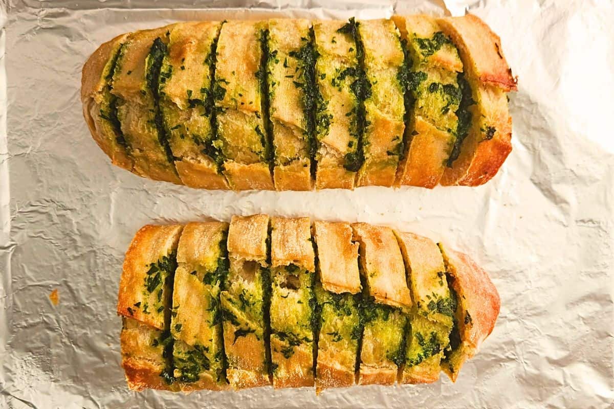 Close-up of crispy golden wild garlic garlic bread