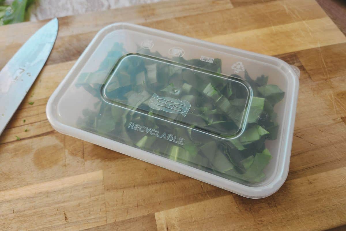Chopped ramson leaves in container ready for freezing