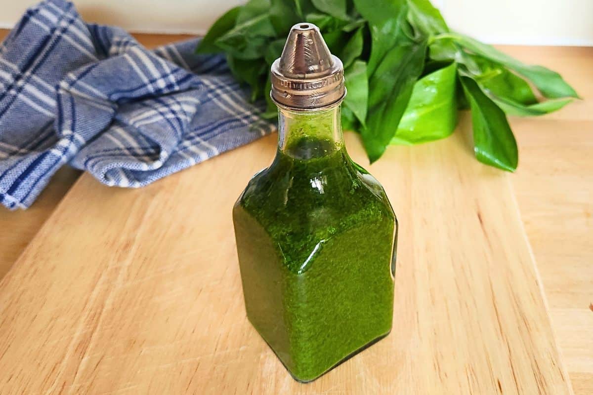 Homemade wild garlic oil in glass pouring bottle