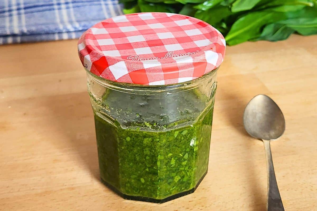 Wild garlic dressing sauce in jar with spoon