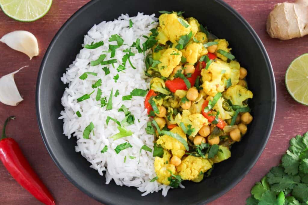 Chickpea cauliflower coconut curry with rice