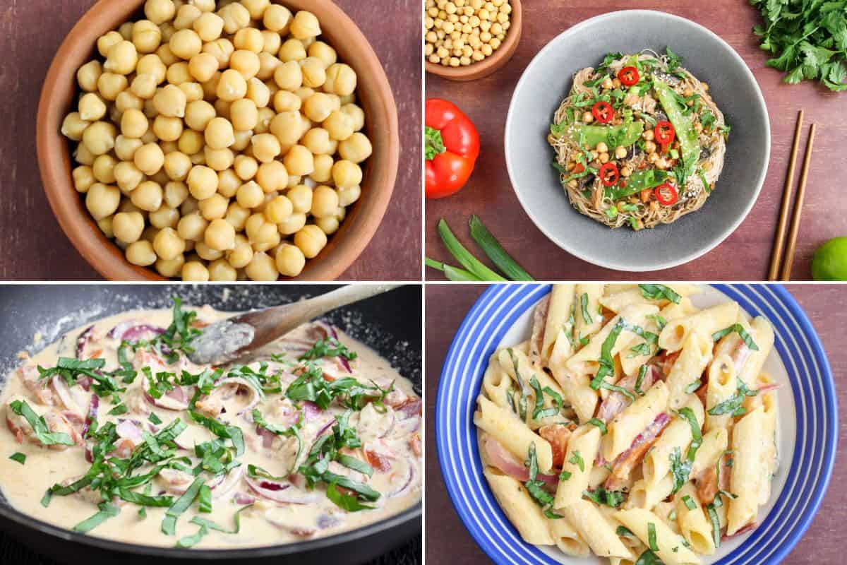 Gallery of meals using garbanzo beans β chickpea stir-fry and hummus pasta