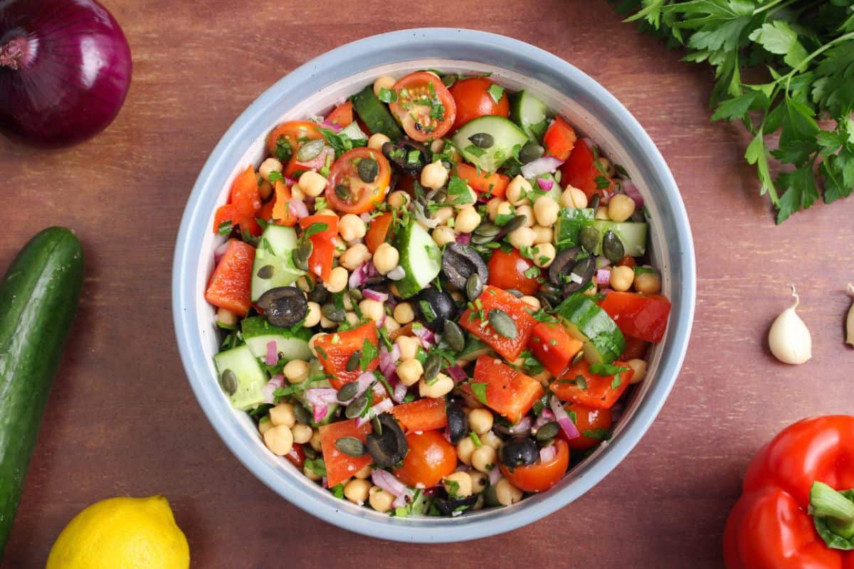 Garbanzo bean salad in bowl overhead