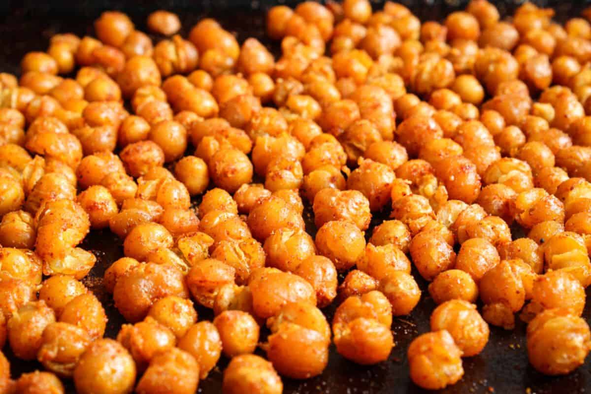 Roasted garbanzo beans on baking sheet